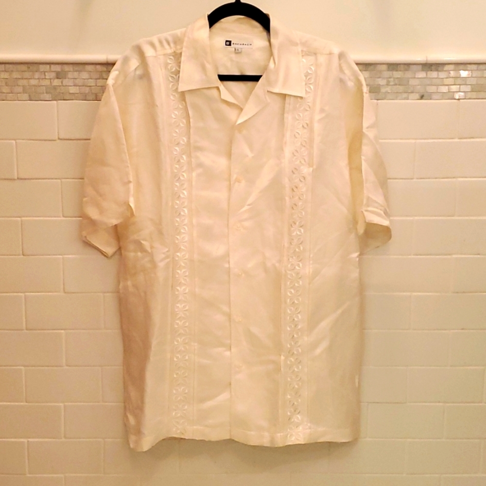 Bachrach guayabera style linen/silk blend casual shirt white
